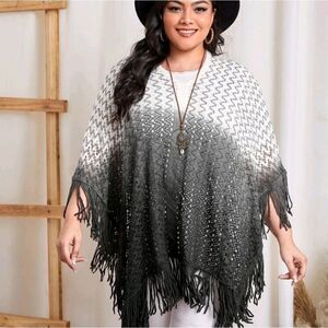 Plus Ombre Fringe Trim Pointelle Knit Poncho